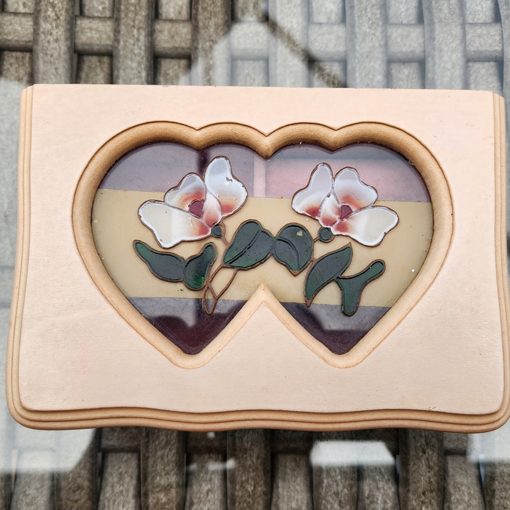 Vintage Mele Wooden Jewelry Box Double Heart Design Floral Glass Insert Hinged
